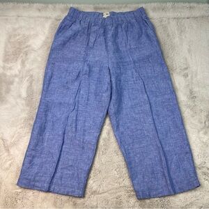 Cynthia Rowley Wide Leg Pants Size XL 100% Linen Blue Casual Pockets Cropped